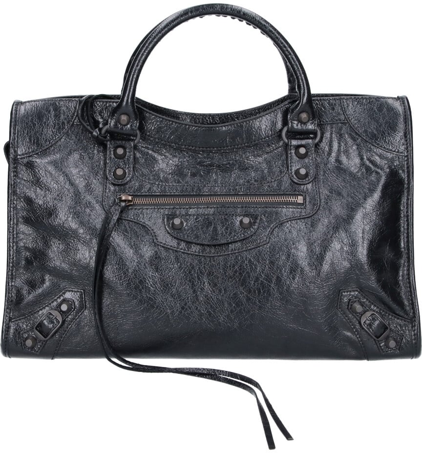 Balenciaga Black City Medium Textured Leather Shoulder Bag Zwart