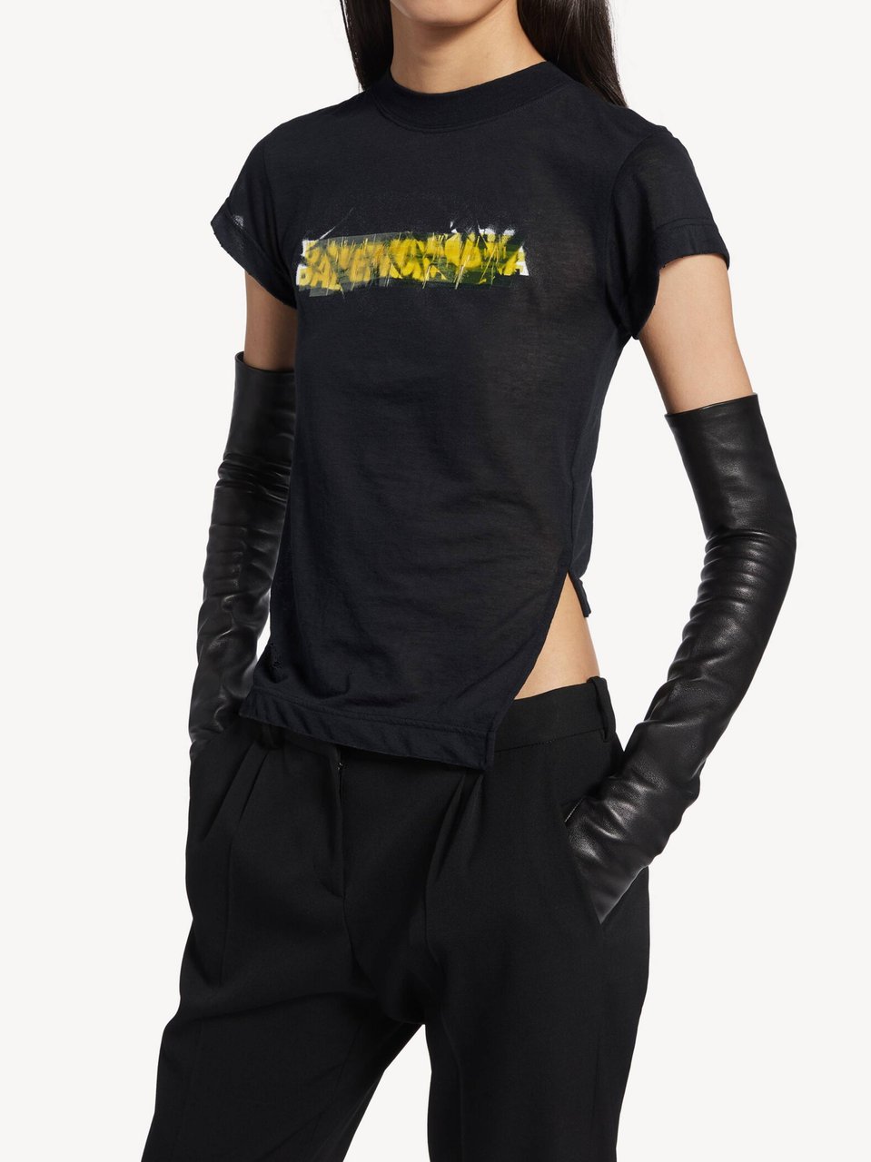 Balenciaga Black Chopped Back Cropped Graphic T-Shirt Zwart