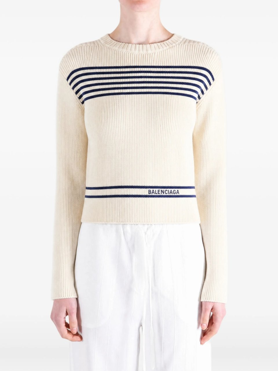 Balenciaga Cropped Boatneck Sweater with Nautical Stripes Grijs