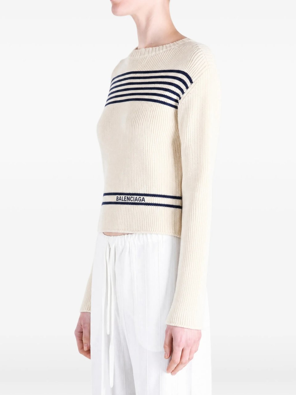 Balenciaga Cropped Boatneck Sweater with Nautical Stripes Grijs