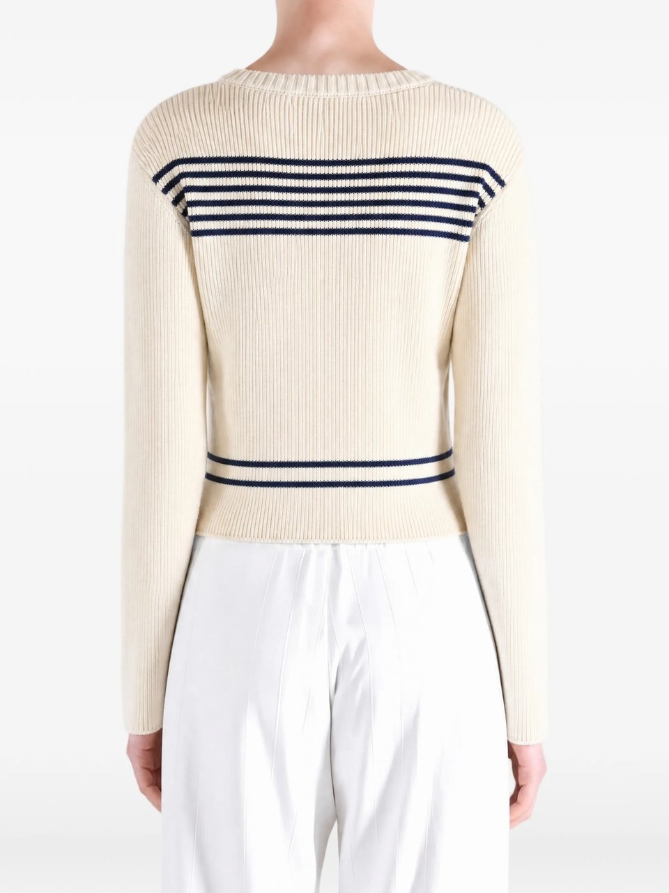 Balenciaga Cropped Boatneck Sweater with Nautical Stripes Grijs