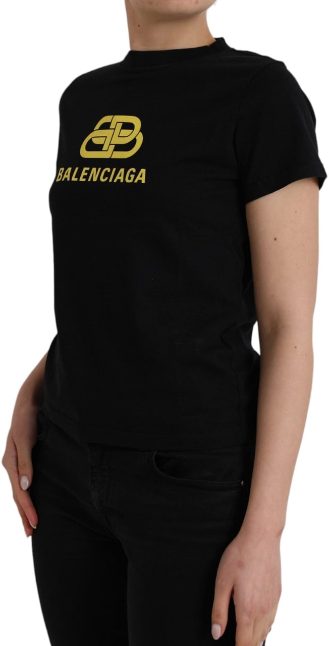 Balenciaga Black Cotton Logo Print Crew Neck Short Sleeves T-shirt Zwart