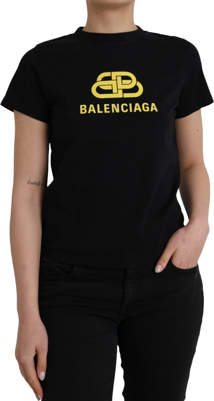 Balenciaga Black Cotton Logo Print Crew Neck Short Sleeves T-shirt Zwart