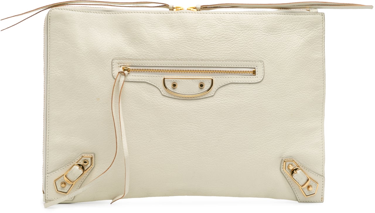 Balenciaga Chevre Motocross Classic Metallic Edge Clutch Wit