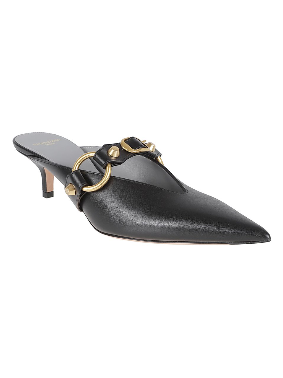 Balenciaga Pointed-Toe Black Leather Mules with Gold Hardware Grijs