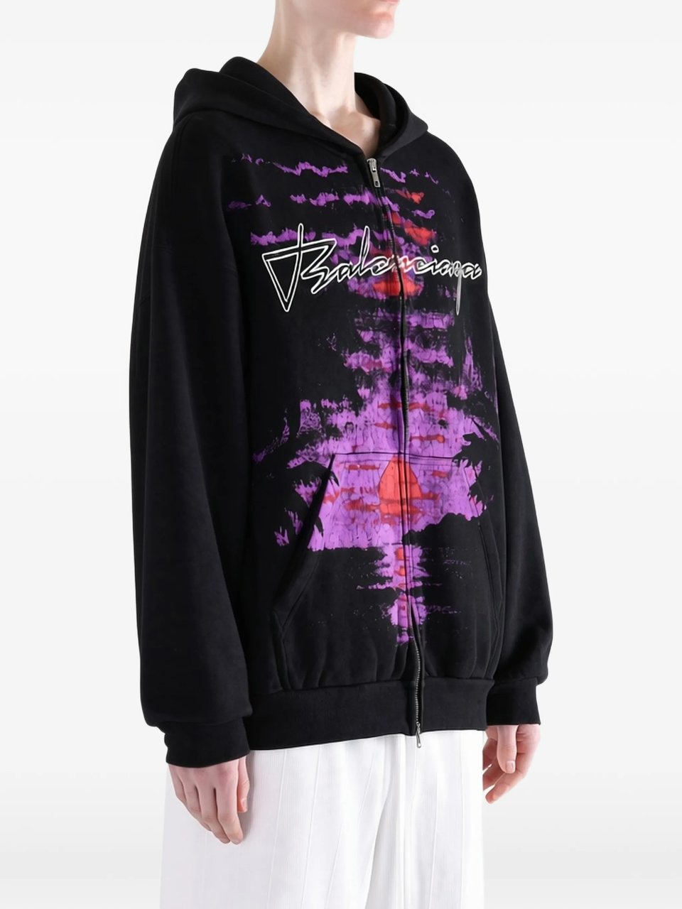 Balenciaga Graphic Print Zip-Up Hoodie with Relaxed Fit Zwart