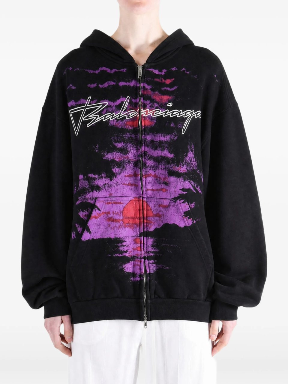 Balenciaga Graphic Print Zip-Up Hoodie with Relaxed Fit Zwart