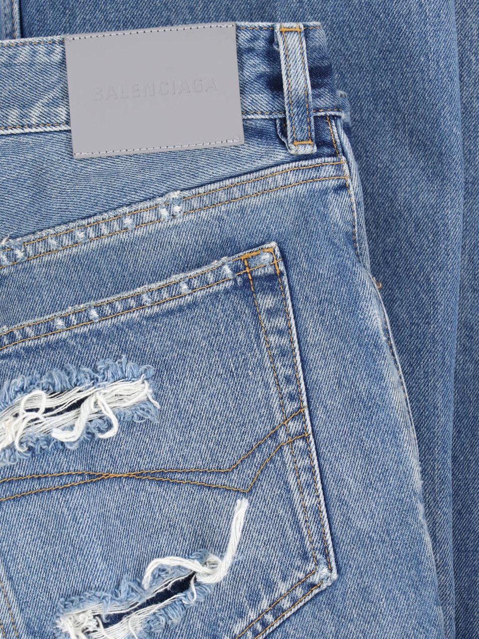 Balenciaga Straight-Leg Blue Cotton Denim Jeans With Distressed Details Blauw