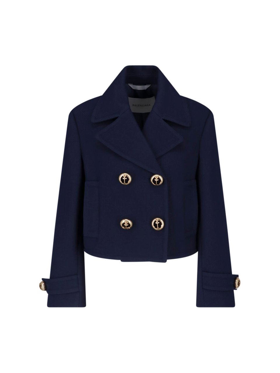 Balenciaga Cropped Double-Breasted Jacket with Gold Anchor Buttons Blauw