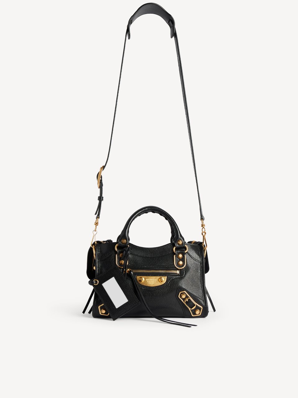 Balenciaga Structured Black Leather Mini Shoulder Bag with Gold Accents Zwart