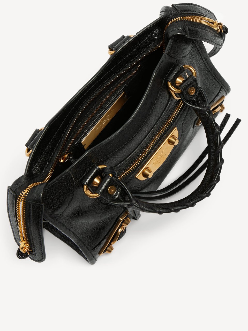 Balenciaga Structured Black Leather Mini Shoulder Bag with Gold Accents Zwart