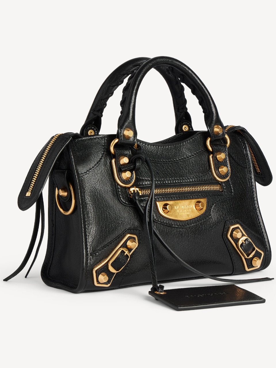 Balenciaga Structured Black Leather Mini Shoulder Bag with Gold Accents Zwart