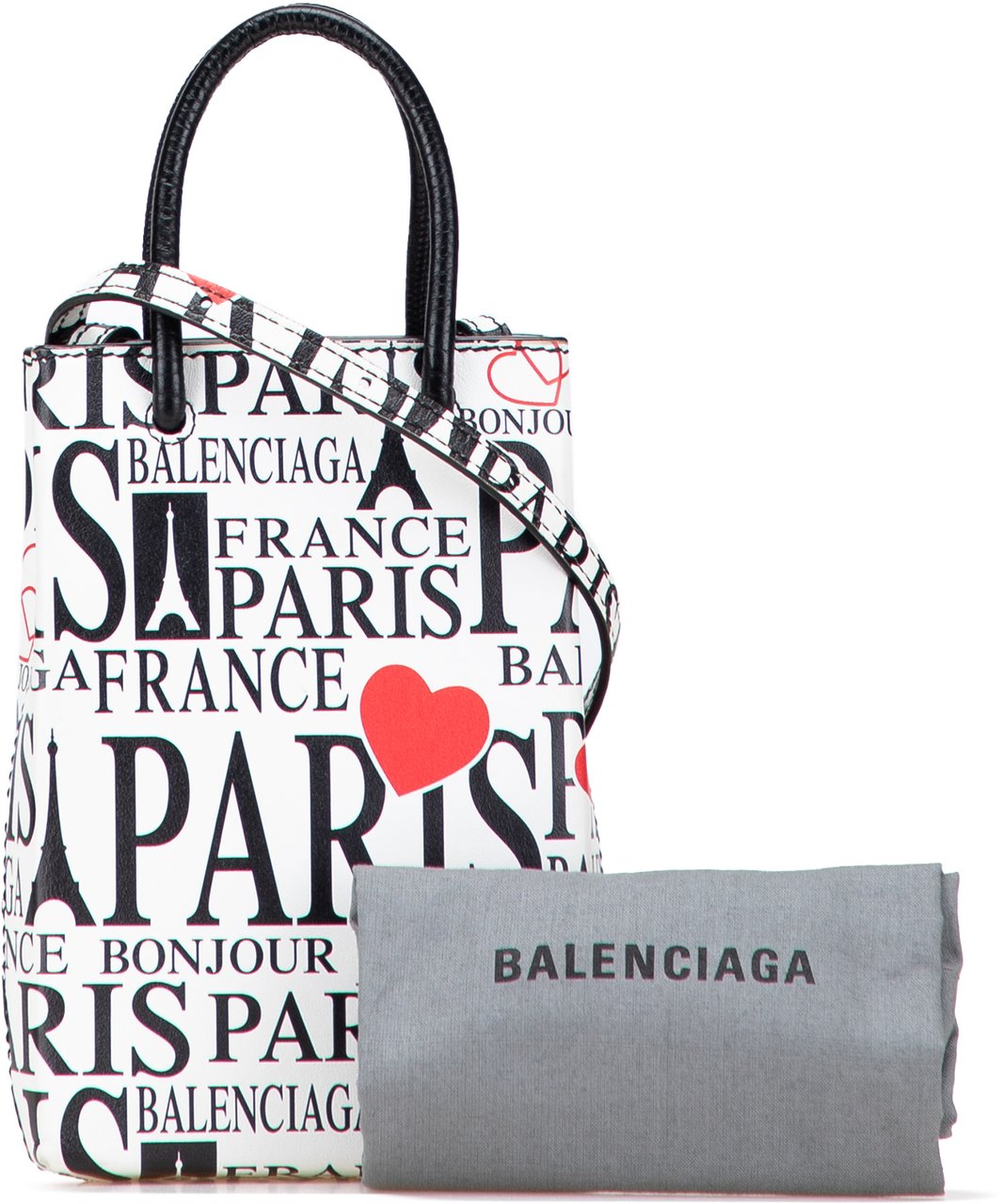 Balenciaga Mini Calfskin Bonjour Paris Shopping Phone Holder Wit