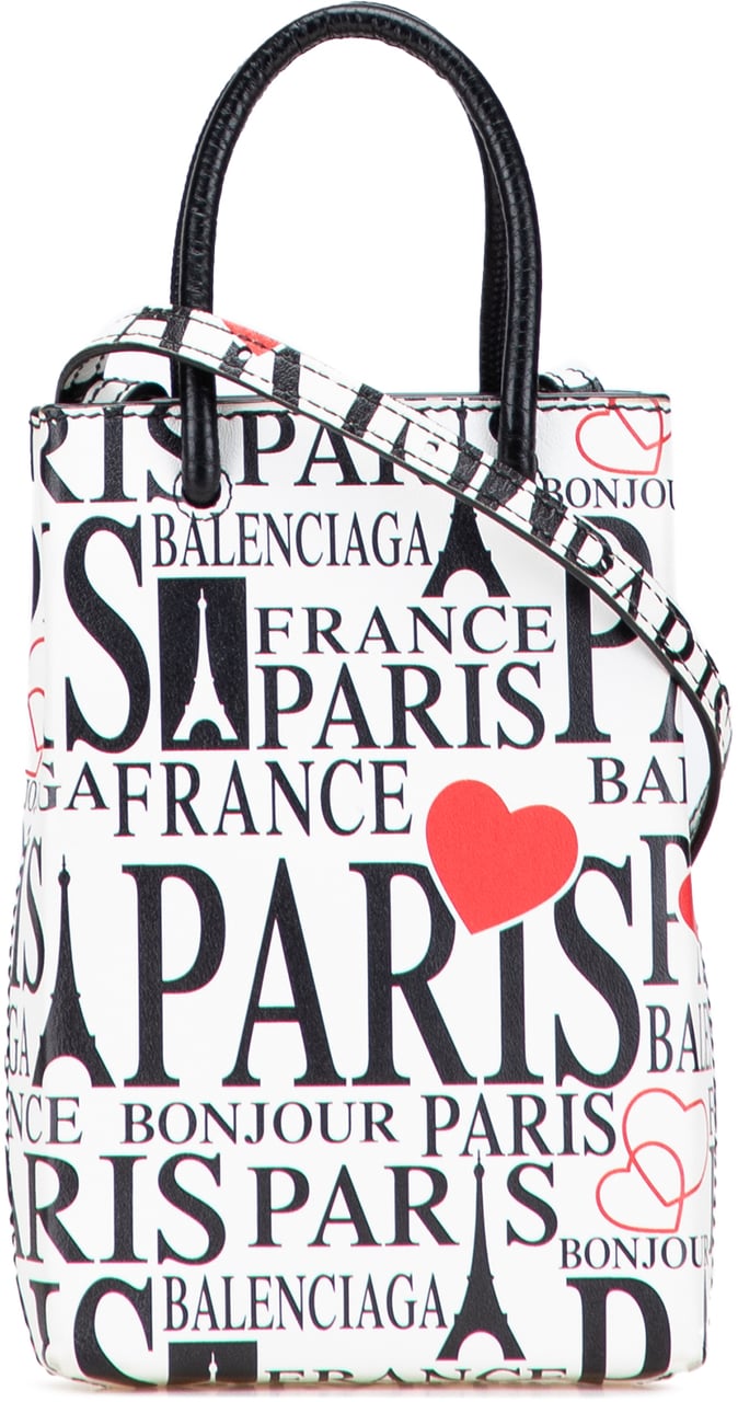 Balenciaga Mini Calfskin Bonjour Paris Shopping Phone Holder Wit