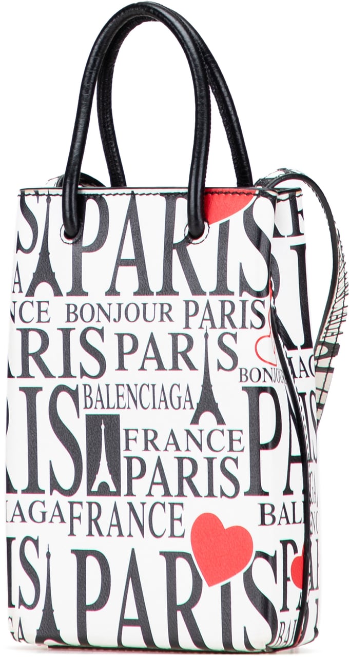 Balenciaga Mini Calfskin Bonjour Paris Shopping Phone Holder Wit