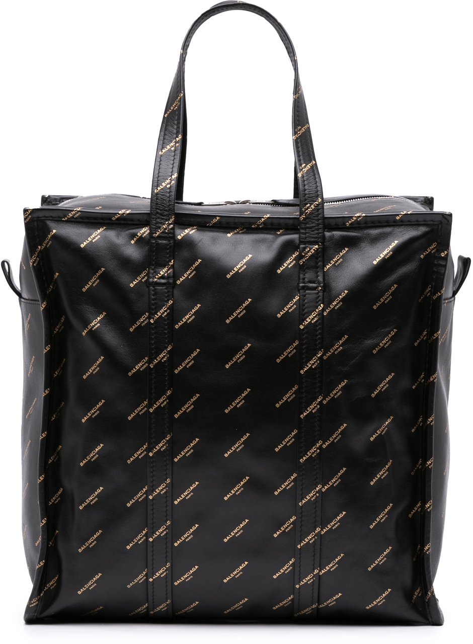 Balenciaga M Lambskin Allover Logo Bazar Shopper Satchel Zwart