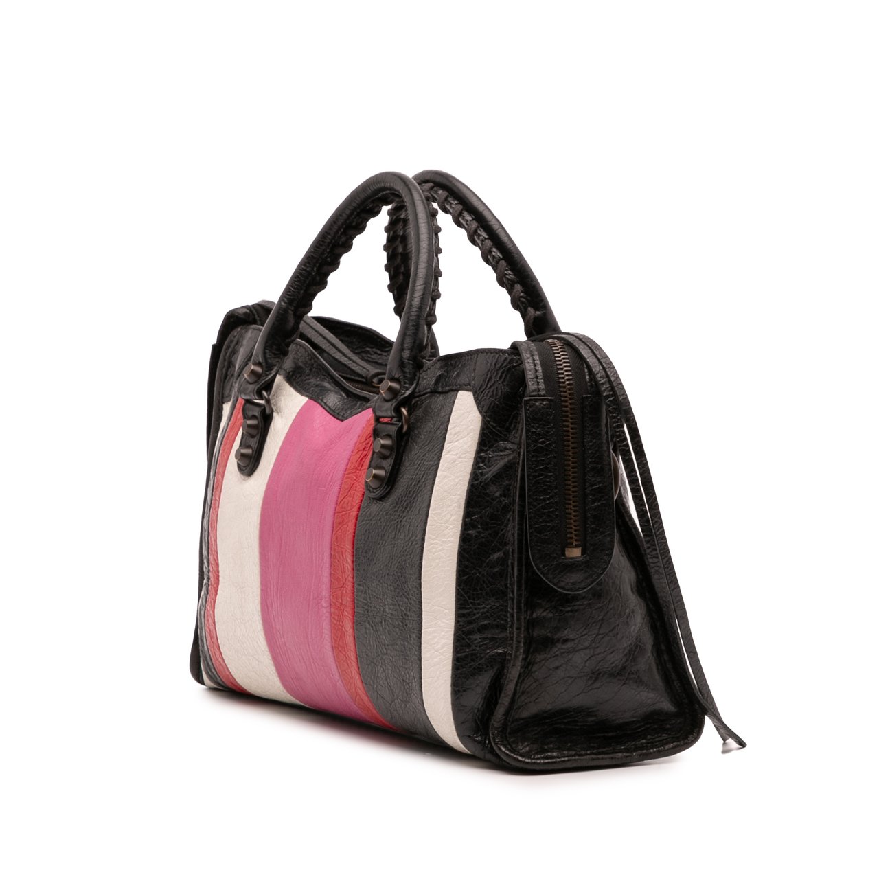 Balenciaga Small Lambskin Motocross Striped Classic City Satchel Zwart