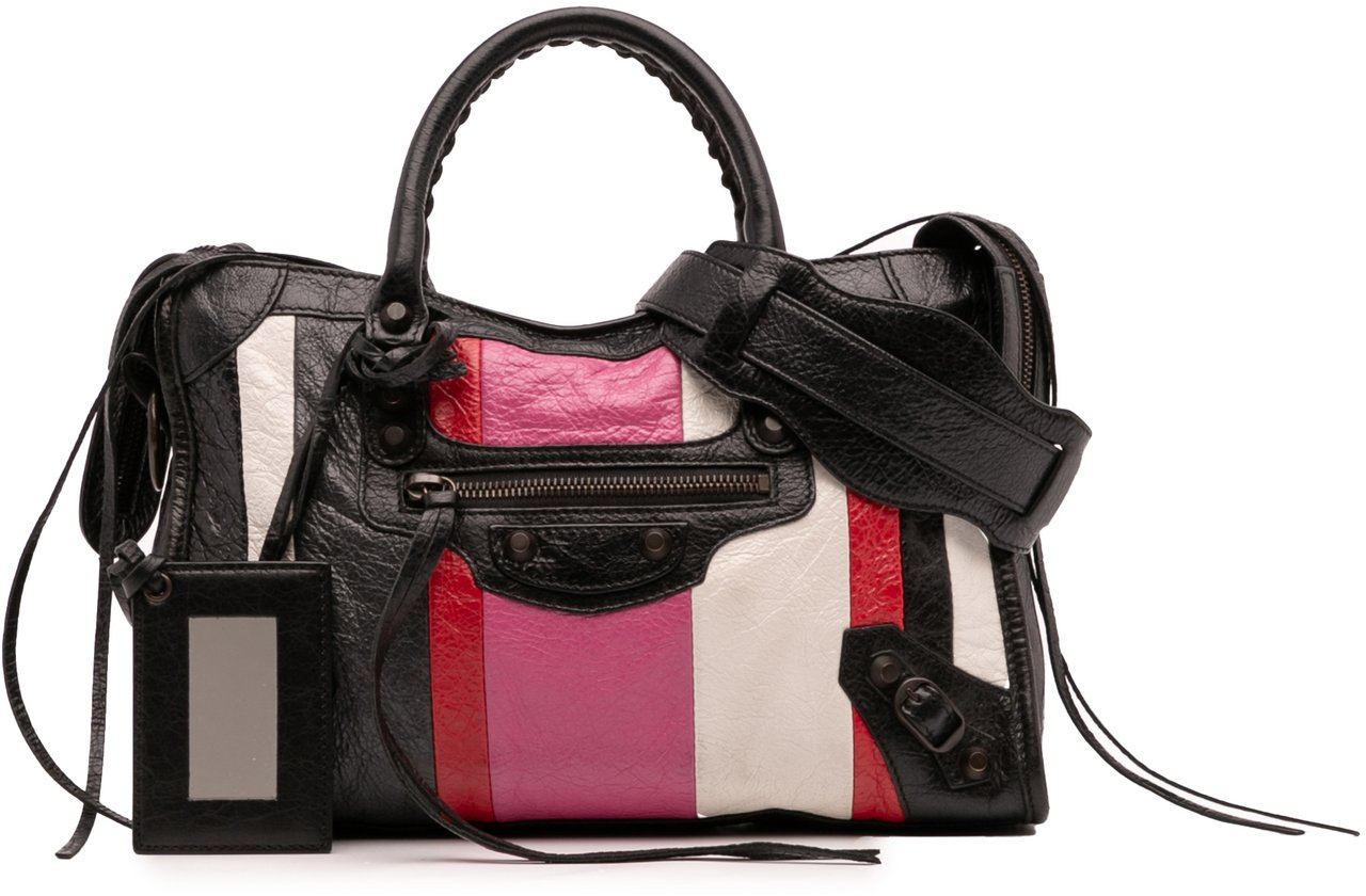 Balenciaga Small Lambskin Motocross Striped Classic City Satchel Zwart