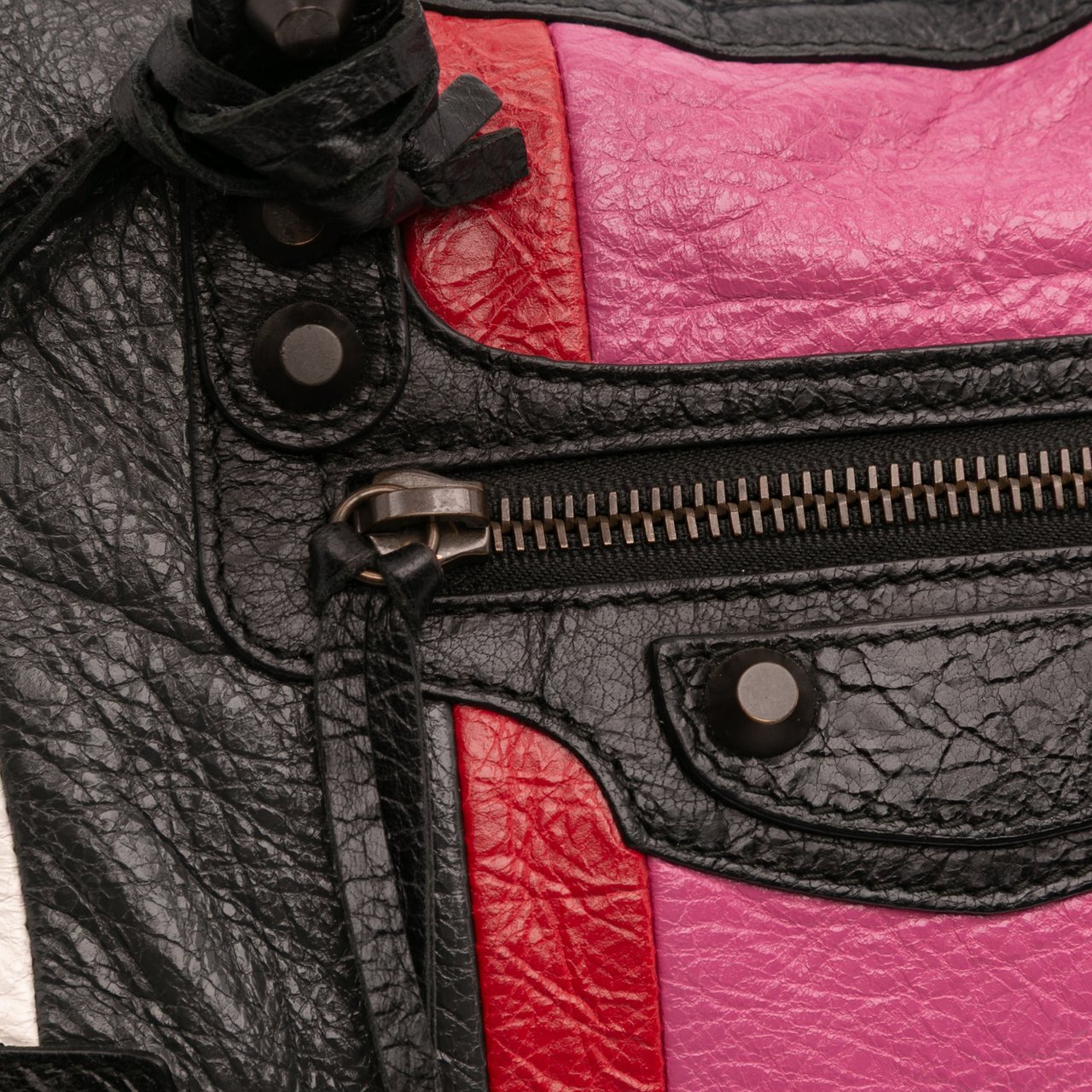 Balenciaga Small Lambskin Motocross Striped Classic City Satchel Zwart