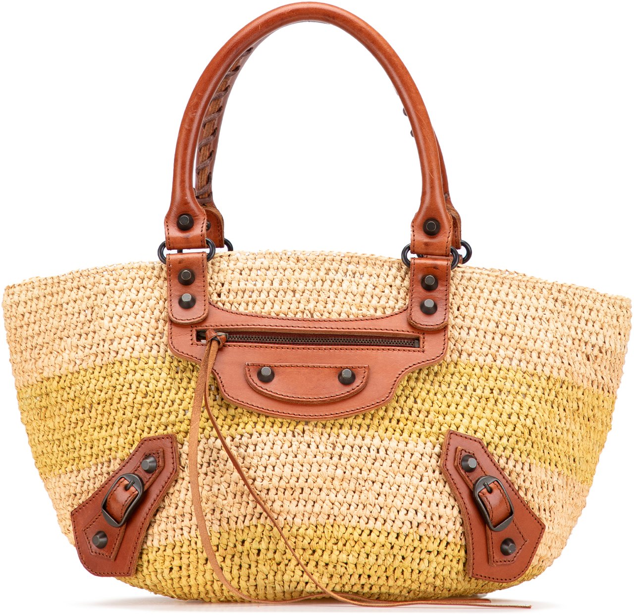 Balenciaga Raffia Motocross Classic Panier Basket Tote Bruin