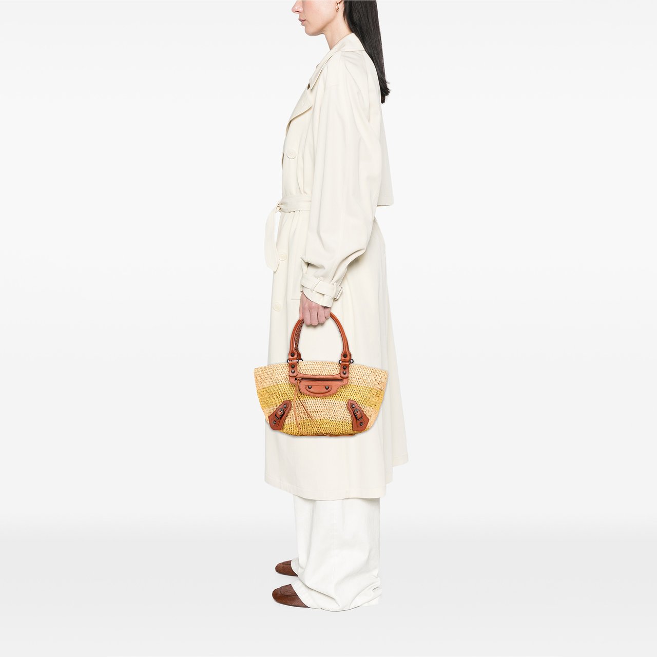 Balenciaga Raffia Motocross Classic Panier Basket Tote Bruin