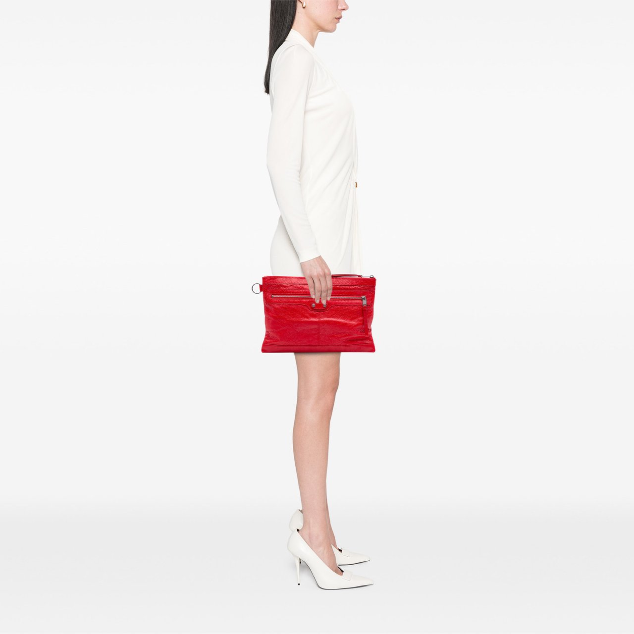 Balenciaga Lambskin Motocross Classic Clip M Clutch Rood