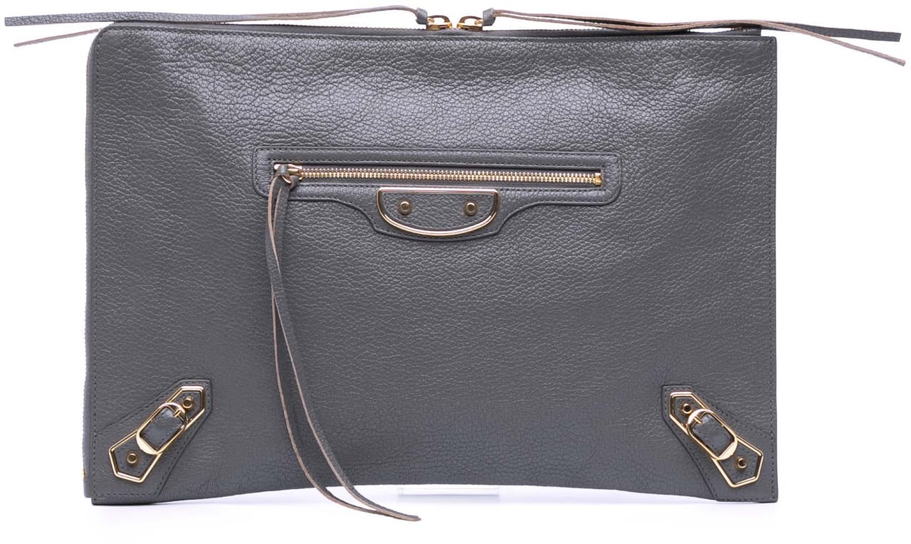Balenciaga Goatskin Motocross Classic Metallic Edge Clutch Grijs