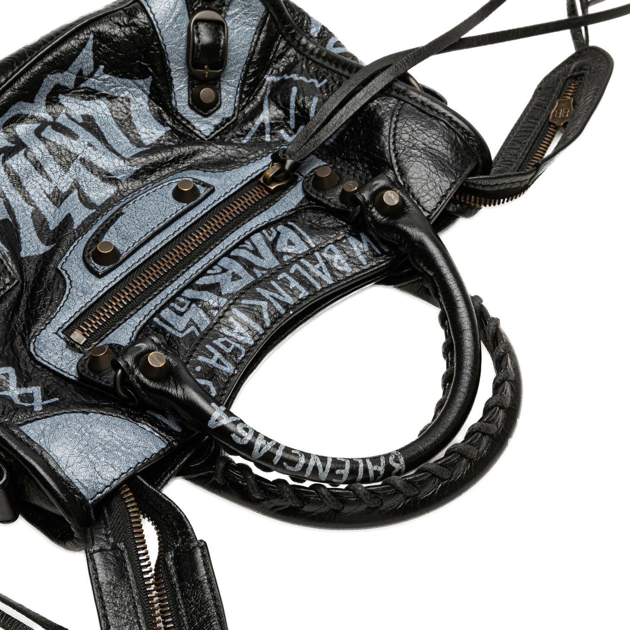 Balenciaga Mini Lambskin Motocross Graffiti Classic City Satchel Zwart