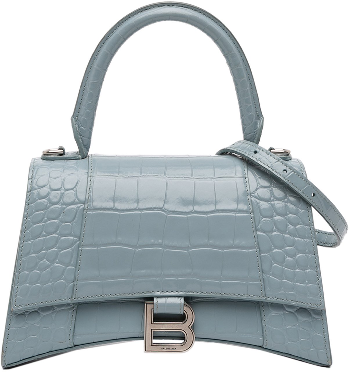 Balenciaga Small Croc Embossed Hourglass Top Handle Bag Blauw
