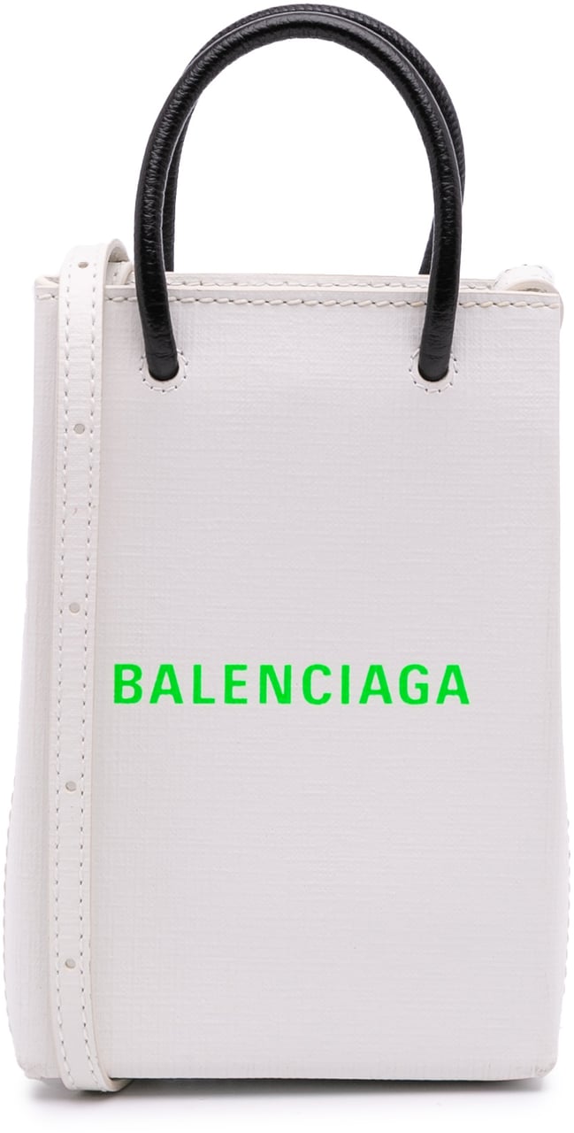 Balenciaga Mini Calfskin Logo Shopping Phone Holder Wit