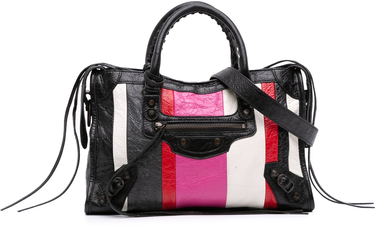 Balenciaga Small Lambskin Motocross Striped Classic City Satchel Zwart