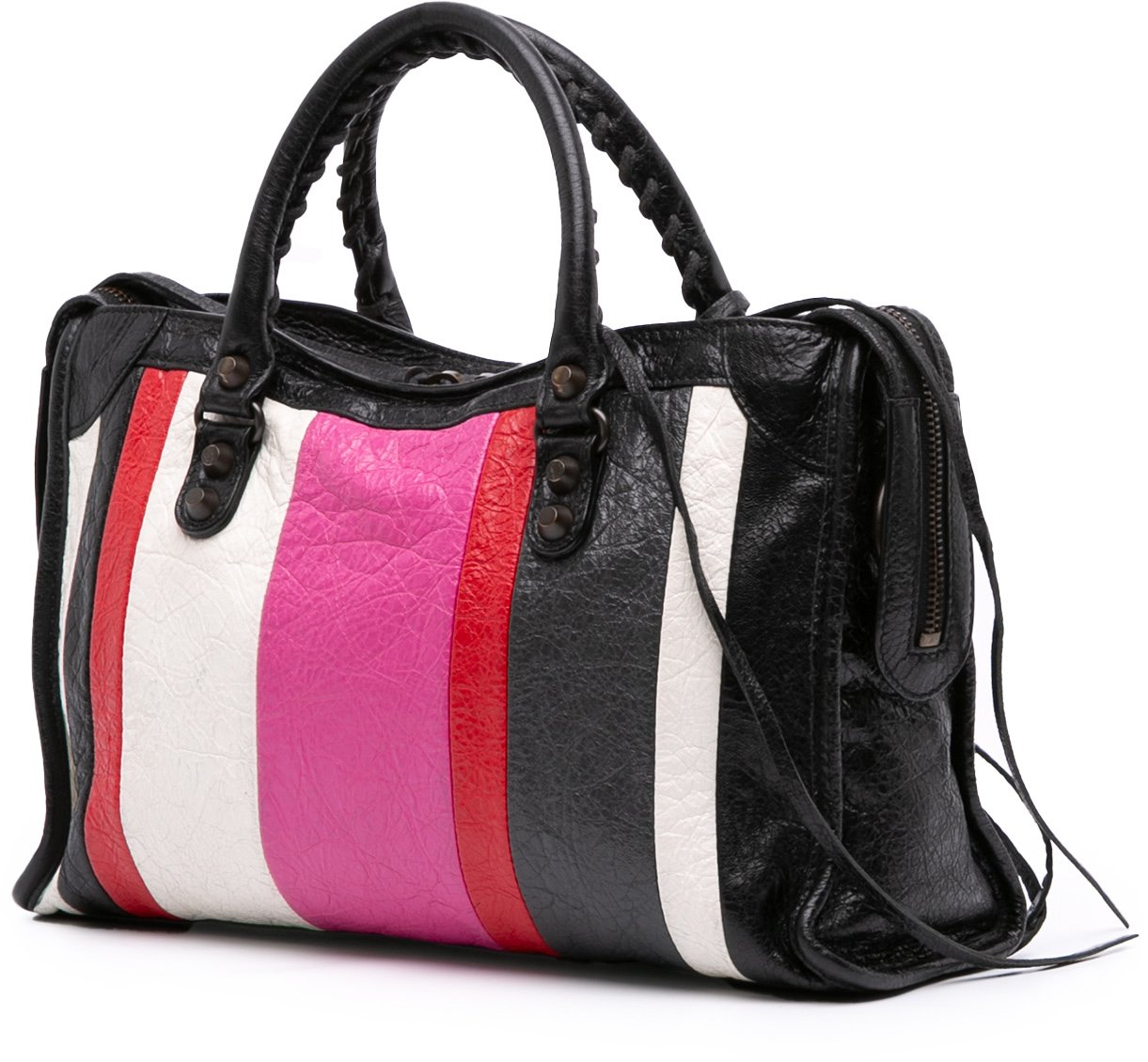 Balenciaga Small Lambskin Motocross Striped Classic City Satchel Zwart