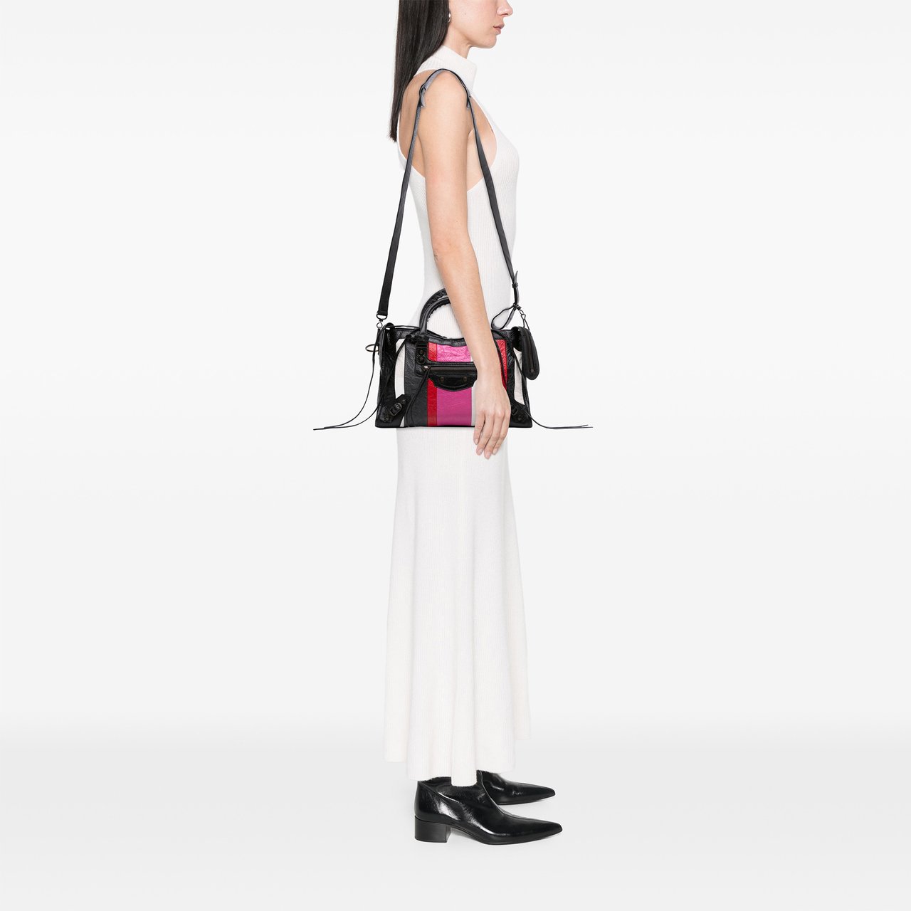 Balenciaga Small Lambskin Motocross Striped Classic City Satchel Zwart