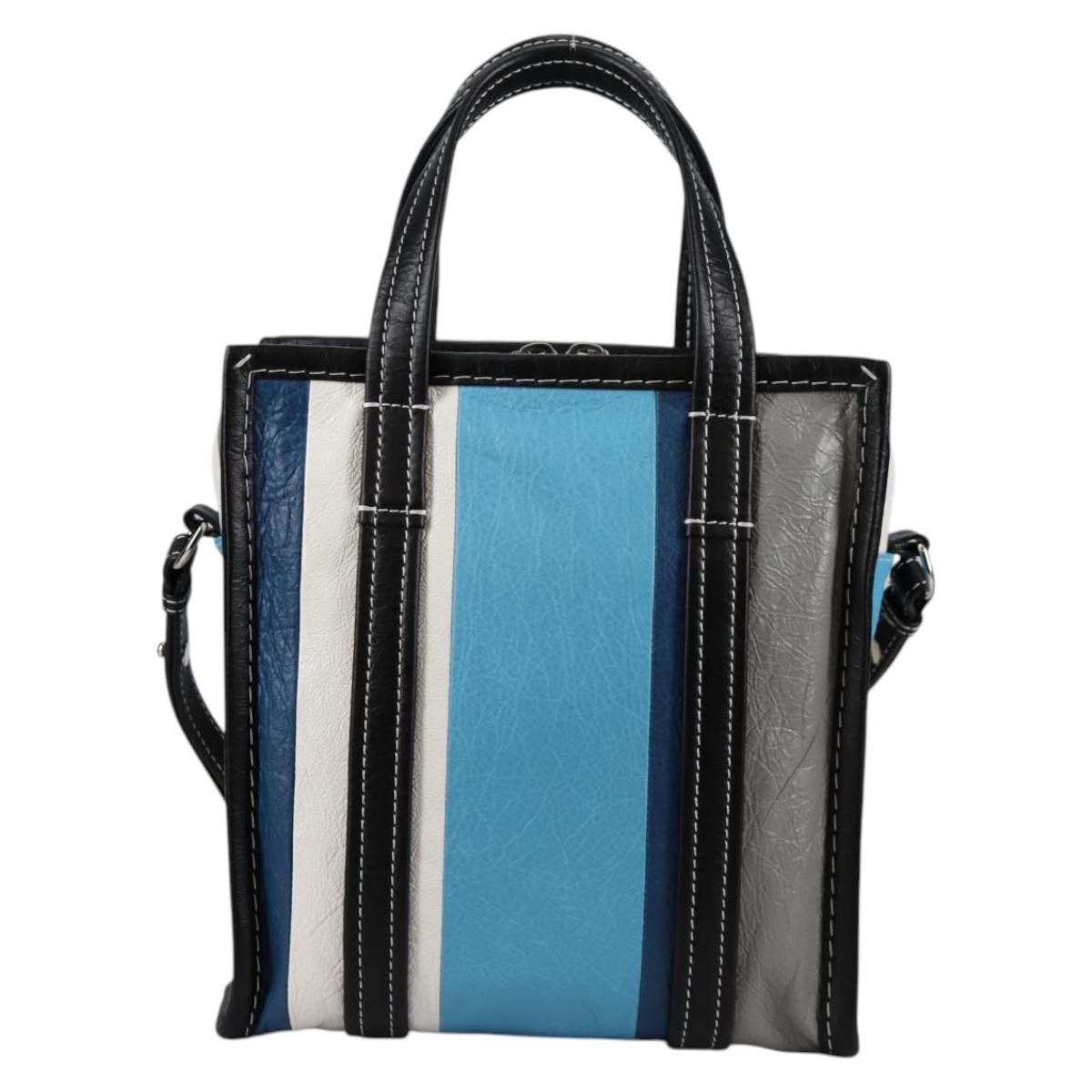 Balenciaga Balenciaga Bazar Convertible Tote Striped Leather Small Blauw