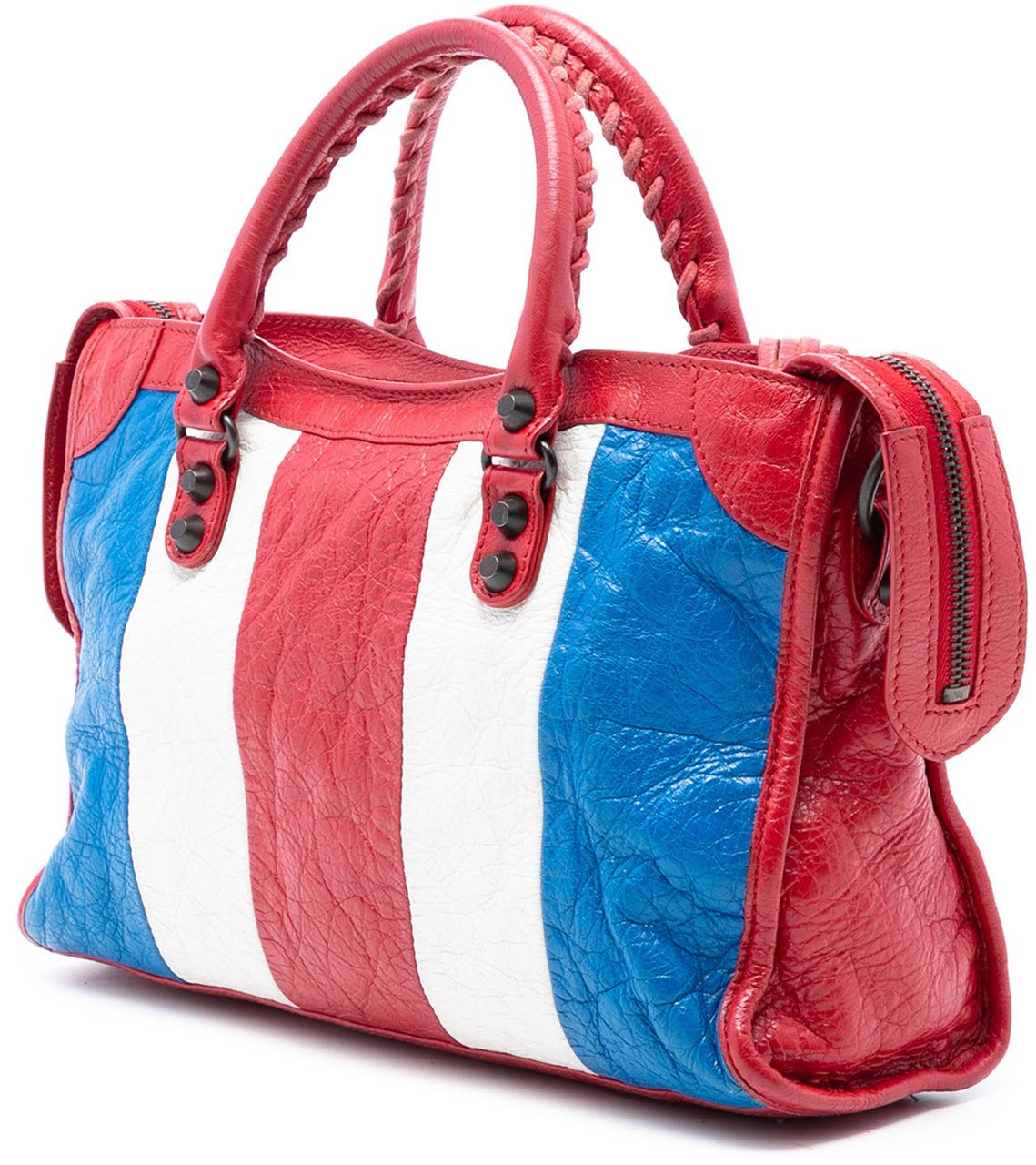 Balenciaga Small Lambskin Motocross Classic Striped City Satchel Rood