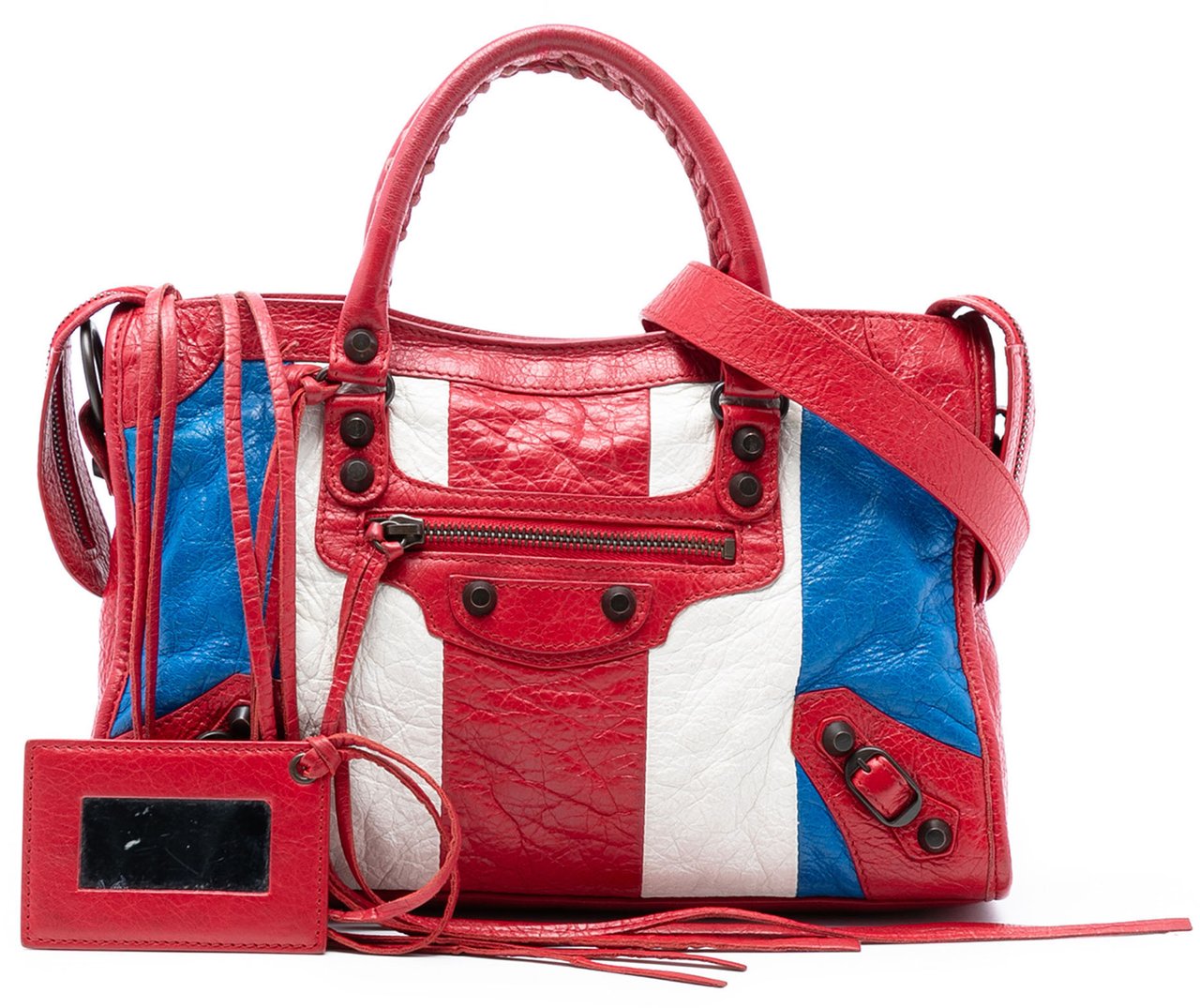 Balenciaga Small Lambskin Motocross Classic Striped City Satchel Rood