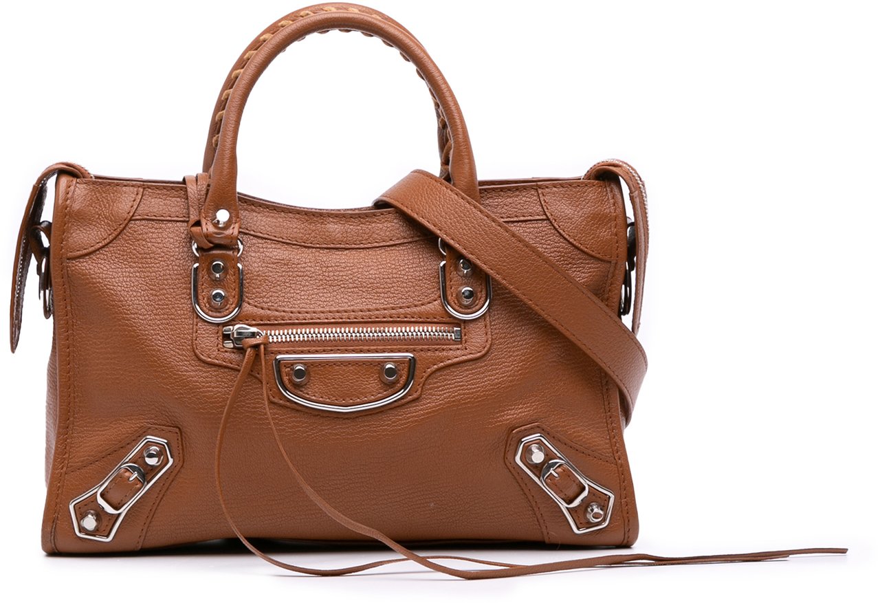 Balenciaga Small Chevre Motocross Classic Metallic Edge City Satchel Bruin