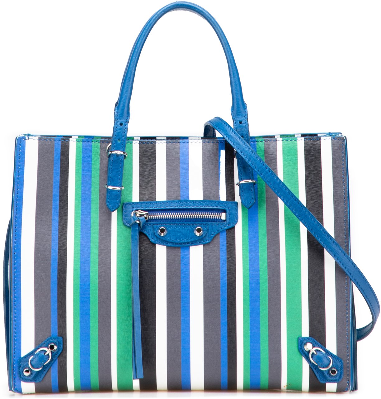 Balenciaga Mini Leather Striped Papier A6 Zip Around Satchel Blauw