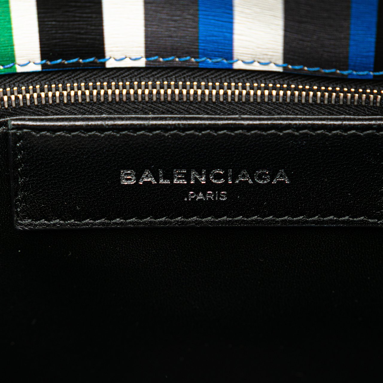 Balenciaga Mini Leather Striped Papier A6 Zip Around Satchel Blauw