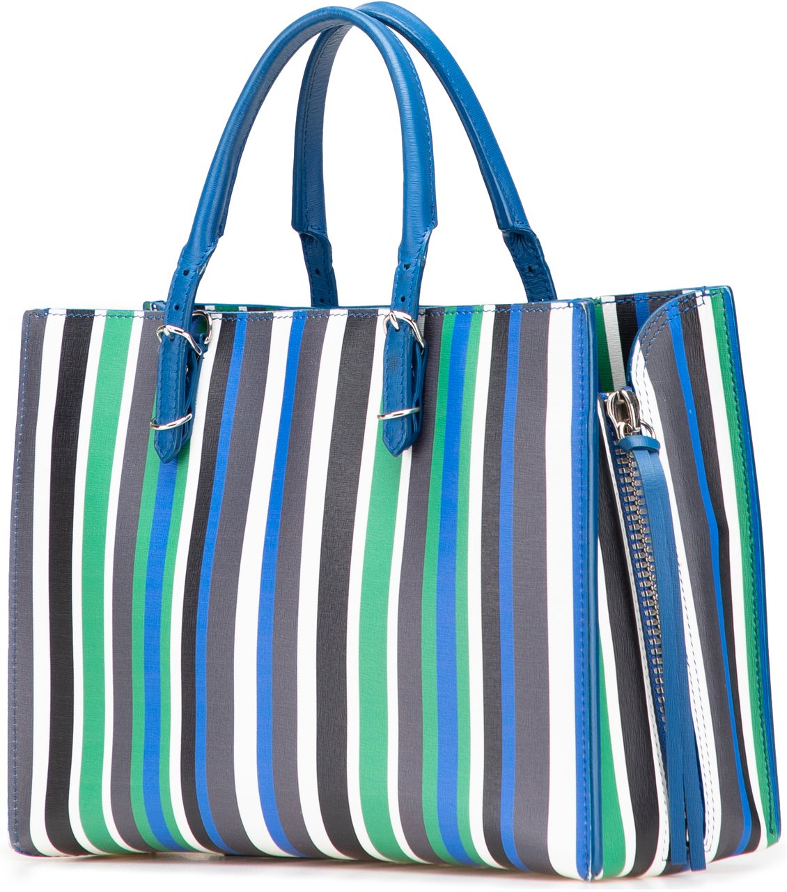 Balenciaga Mini Leather Striped Papier A6 Zip Around Satchel Blauw