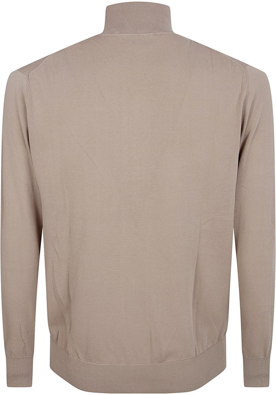 Ballantyne Full Zip Knit Sweater with Ribbed Collar and Leather Detail Neutraal