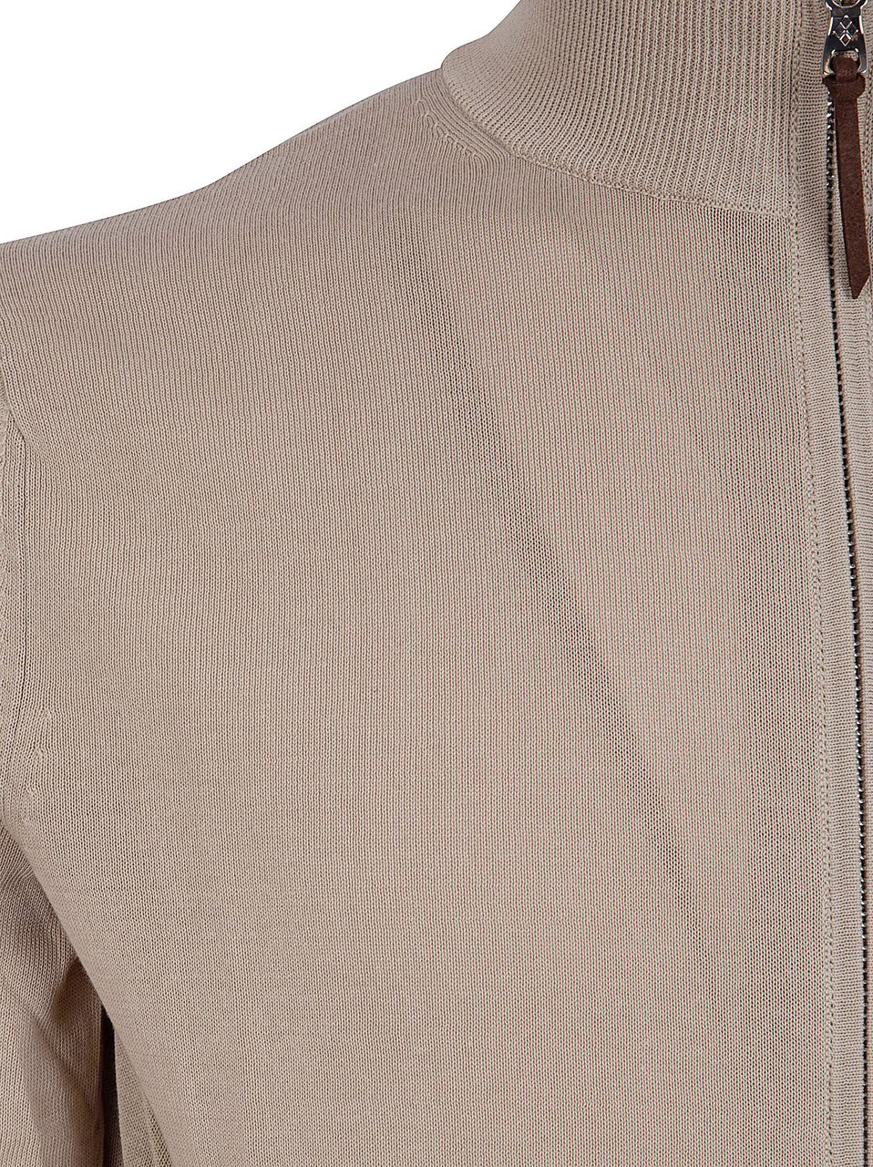 Ballantyne Full Zip Knit Sweater with Ribbed Collar and Leather Detail Neutraal