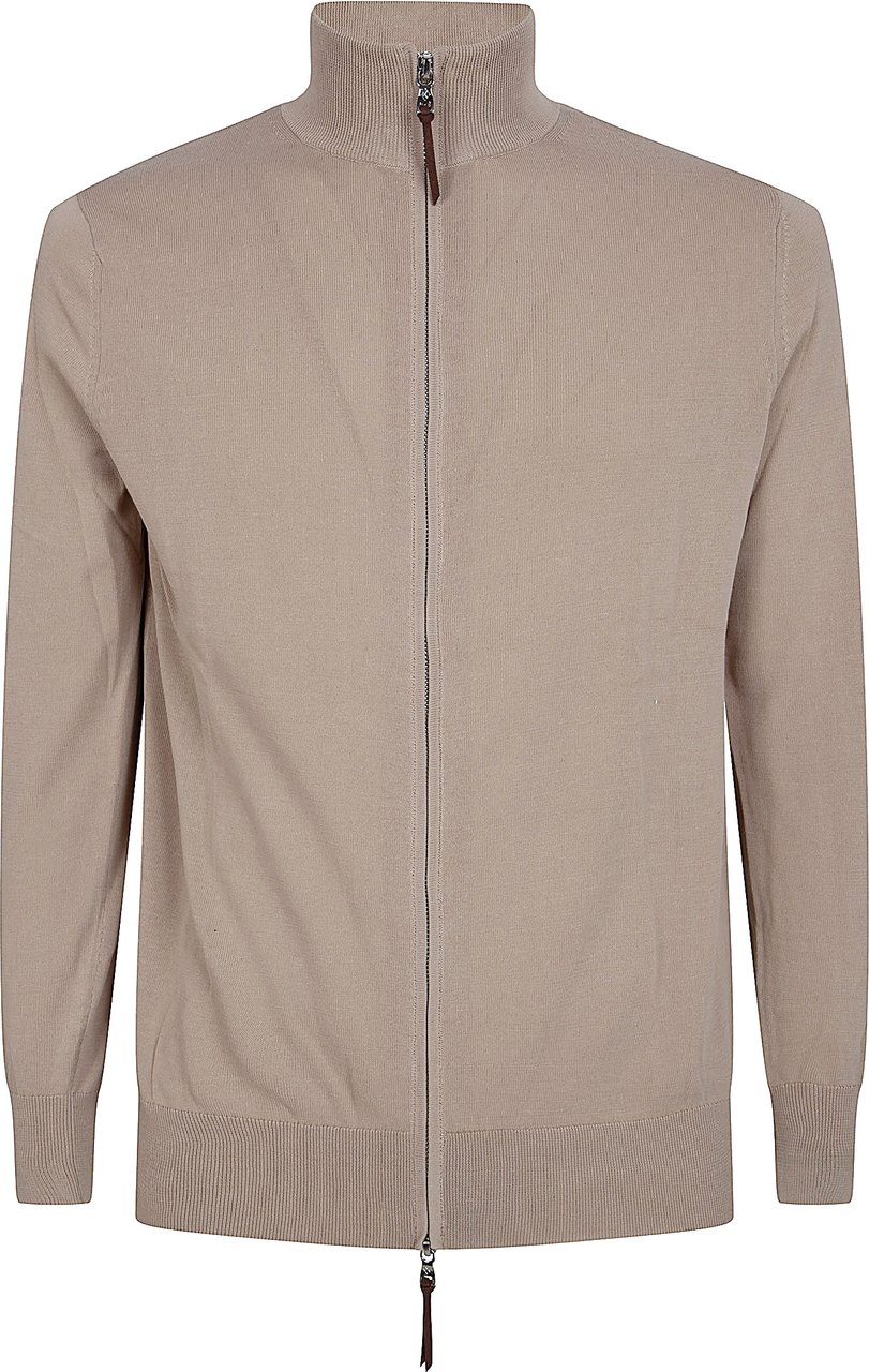 Ballantyne Full Zip Knit Sweater with Ribbed Collar and Leather Detail Neutraal