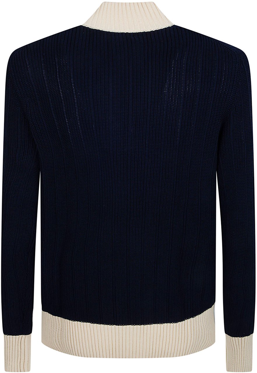 Ballantyne Ribbed Knit Sweater with Contrasting Details and Button Placket Zwart