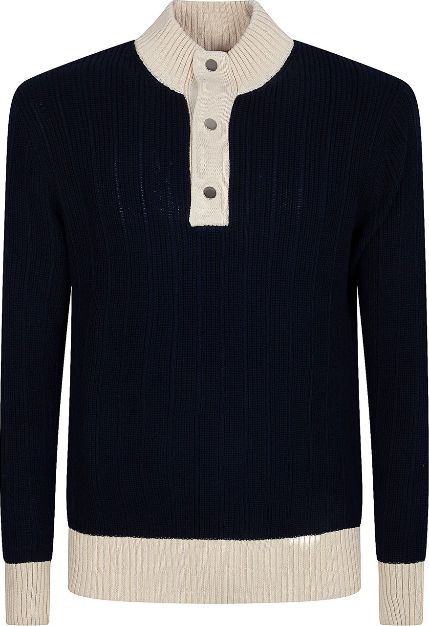 Ballantyne Ribbed Knit Sweater with Contrasting Details and Button Placket Zwart