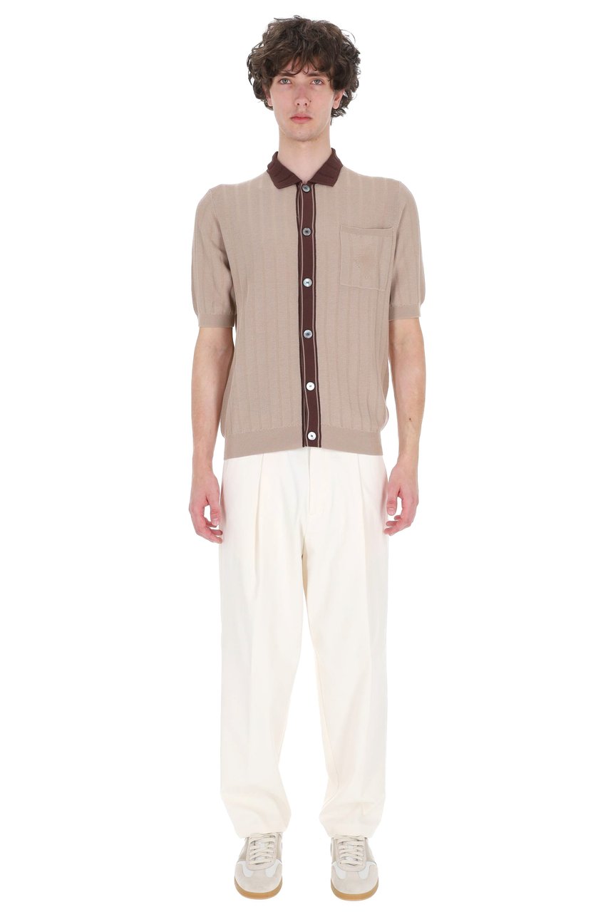 Ballantyne Ecru Textured Cotton Trimmed Polo Shirt Neutraal
