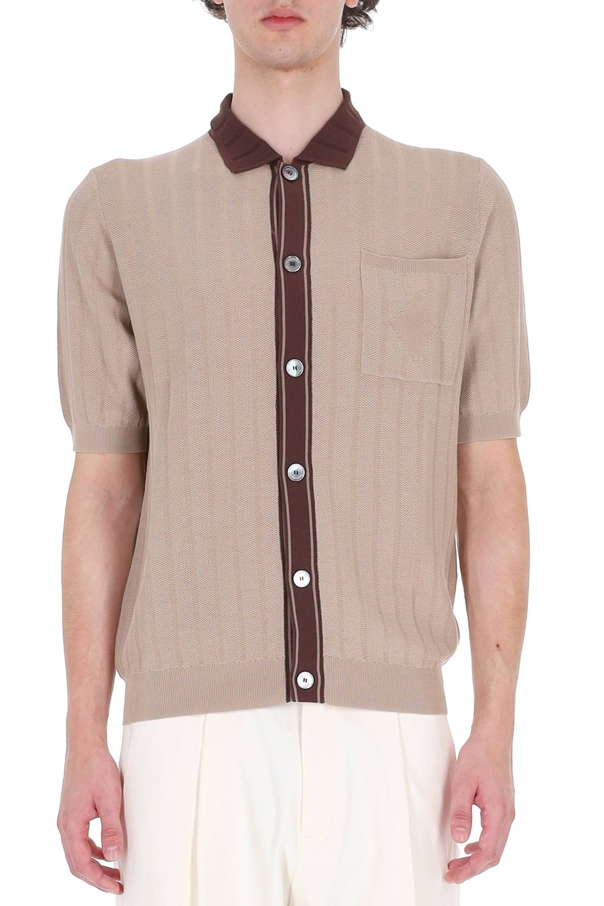 Ballantyne Ecru Textured Cotton Trimmed Polo Shirt Neutraal