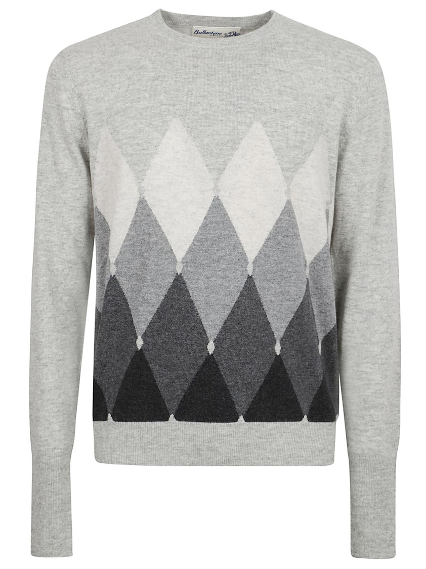 Ballantyne Argyle Pattern Grey Knit Sweater With Crew Neck Wit