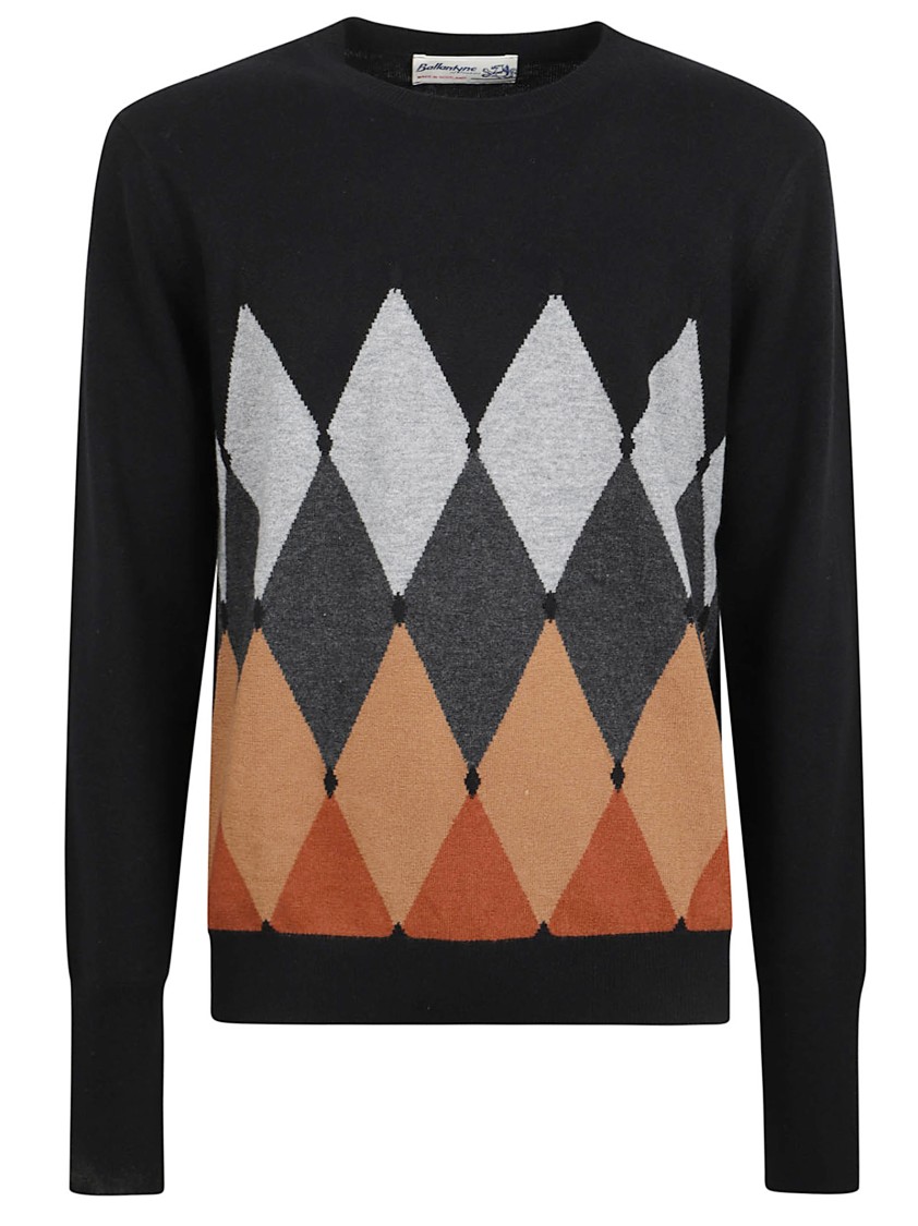 Ballantyne Argyle Patterned Knit Sweater With Crew Neckline Zwart