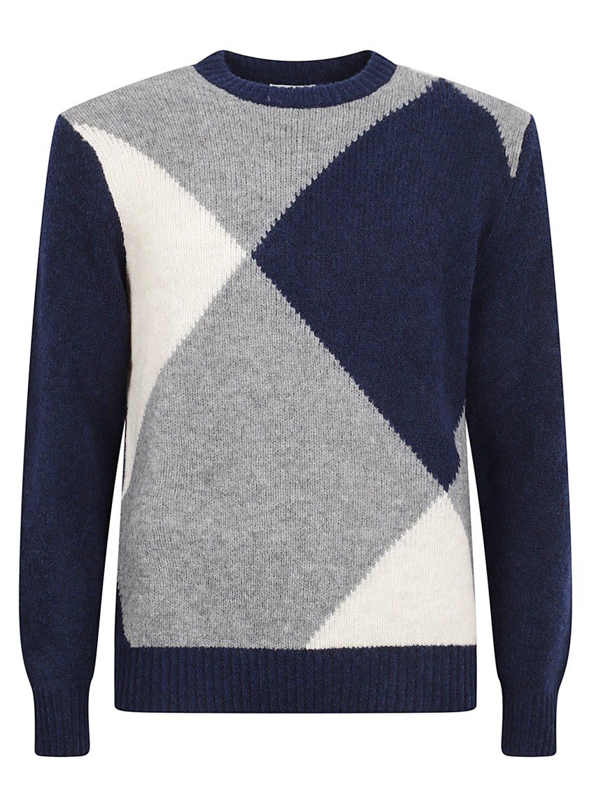 Ballantyne Geometric Color-Block Knit Sweater With Classic Crew Neckline Zwart